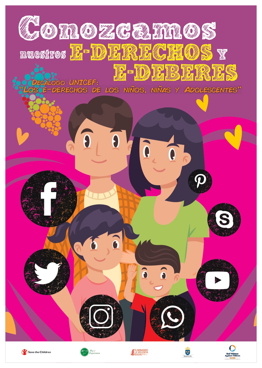 La imagen de una familia animada rodeada de logotipos de las redes sociales.
