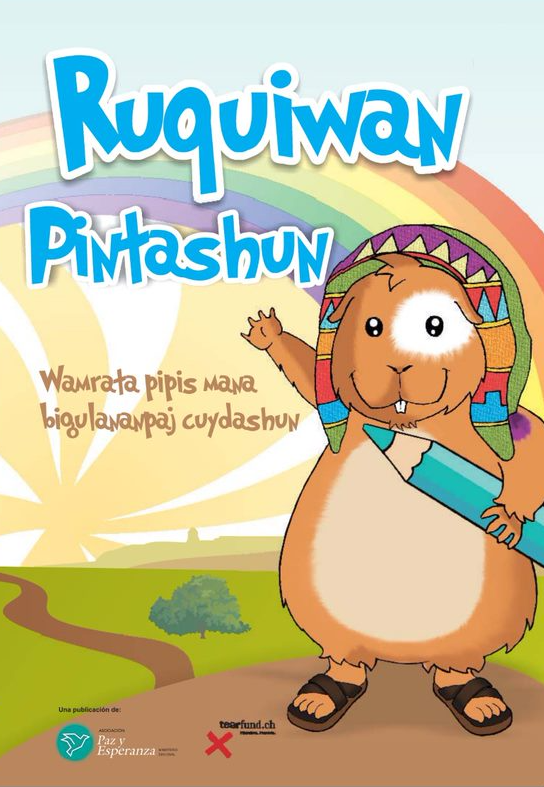 La imagen animada de un cuy con vestimenta peruana, usando un colorido chullo y ojotas como sandalias, atrás vemos un arcoiris.