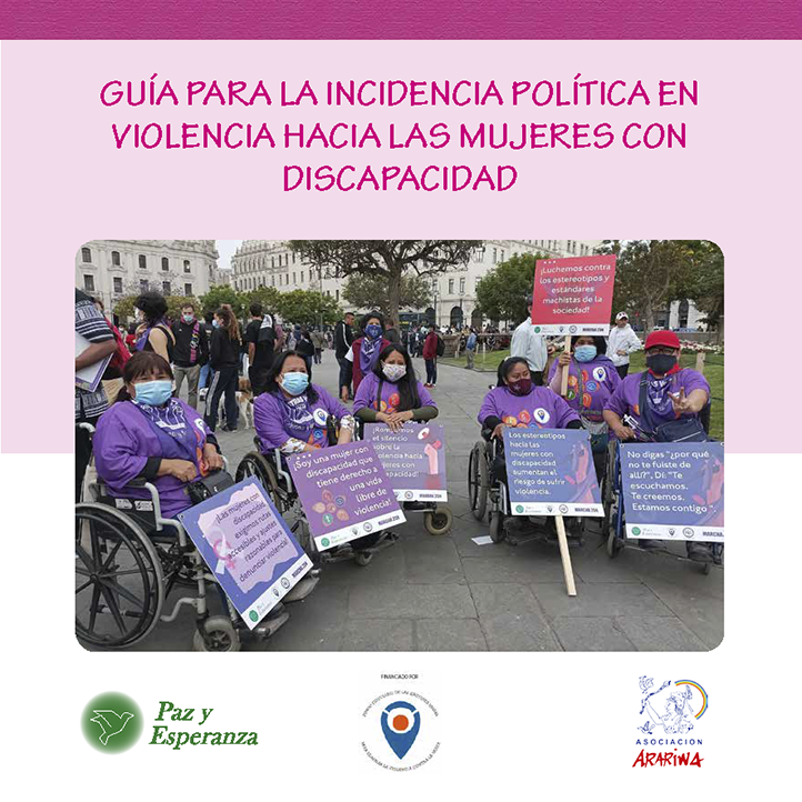 Debajo del titulo foto de mujeres con discapacidad con pancartas, en una marcha