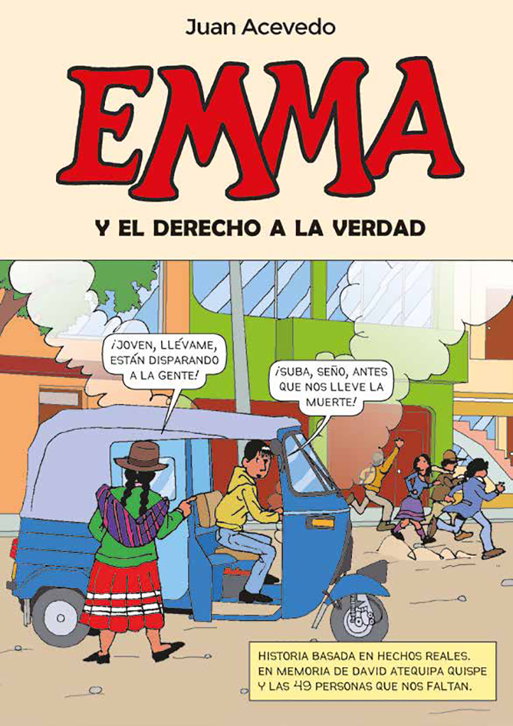 Titulo de la publicacion y debajo un gráfico de una mujer andina subiendo a una mototaxi. Detras se percibe gente huyendo de gases lacrimógenos